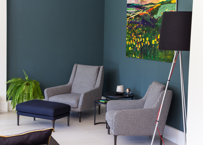 Deep teal wall with two modern armchairs in grey check fabric with modern floor light