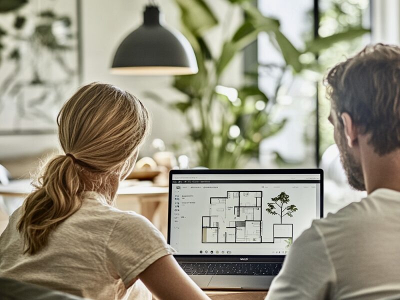 u7524629892_A_close-up_of_a_couple_sitting_comfortably_in_the_d2227eec-b4c8-4f46-a50a-77d2e75a6278_2 A close-up of a couple sitting comfortably in their scandinavian styled contemporary home during a Zoom call. Light is flooding into the room through big windows and there is a large plant in the background. They are wearing light coloured short sleeved T-shirts. They are viewing a laptop which shows architects floorplans in a fine line on the screen. The Zoom interface is clearly shown. --v 6.1 Job ID: d2227eec-b4c8-4f46-a50a-77d2e75a6278