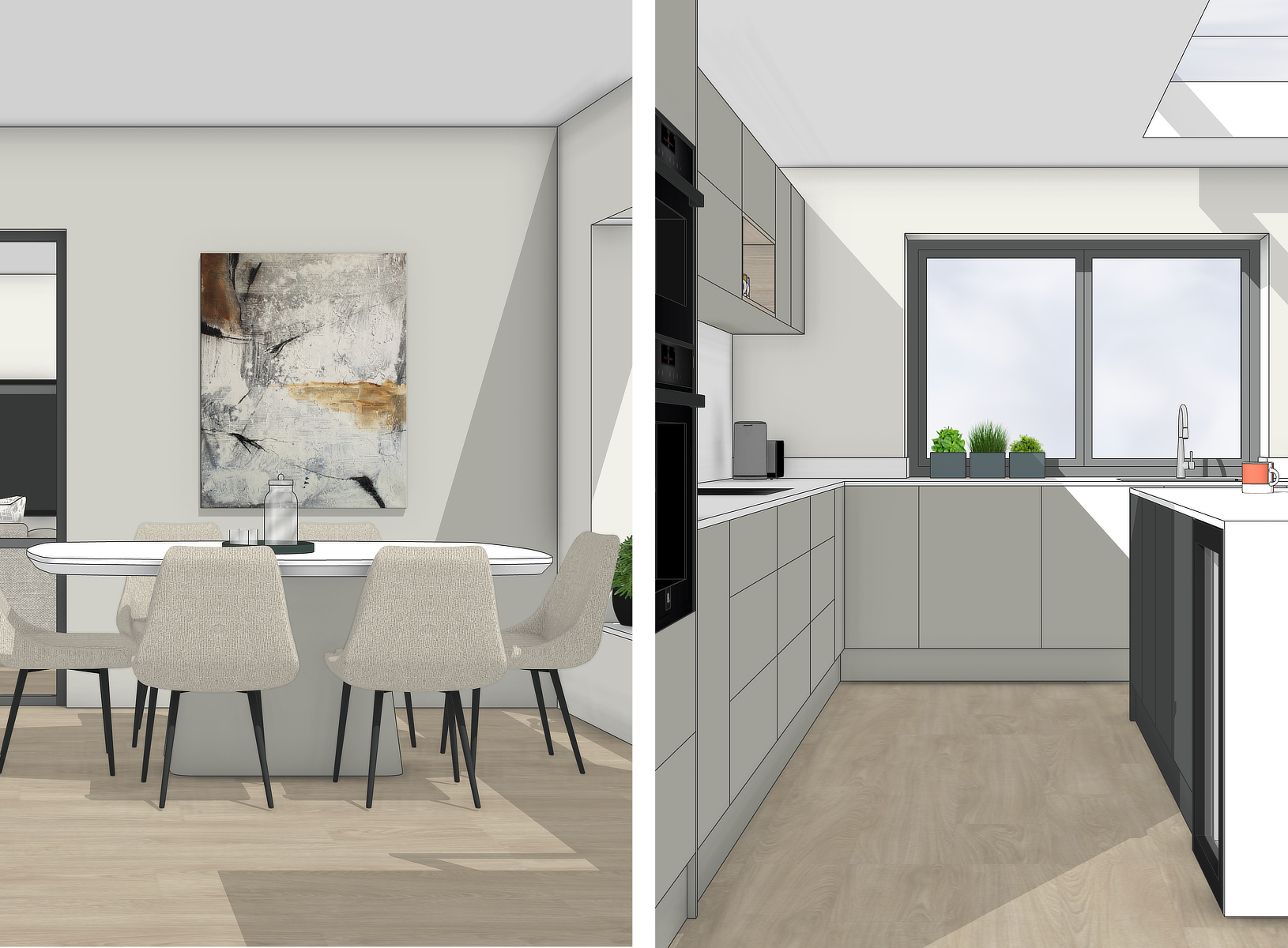 3D render of a dining room and kitchen area in a contemporary family home