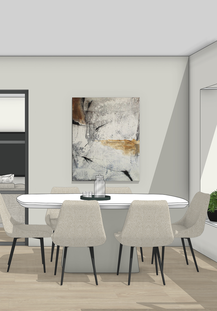 3D render of a contemporary family home showing a dining area with six upholstered chairs and a pedestal table