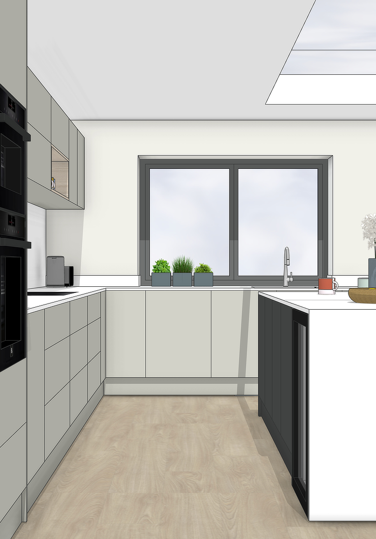 3D render of a contemporary family home showing a kitchen with a window to the garden, kitchen units and an island