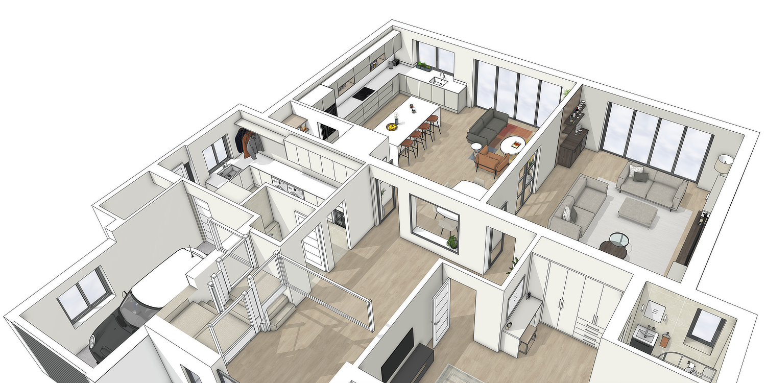 3D render of the downstairs layout of a contemporary family home shown as an aerial view