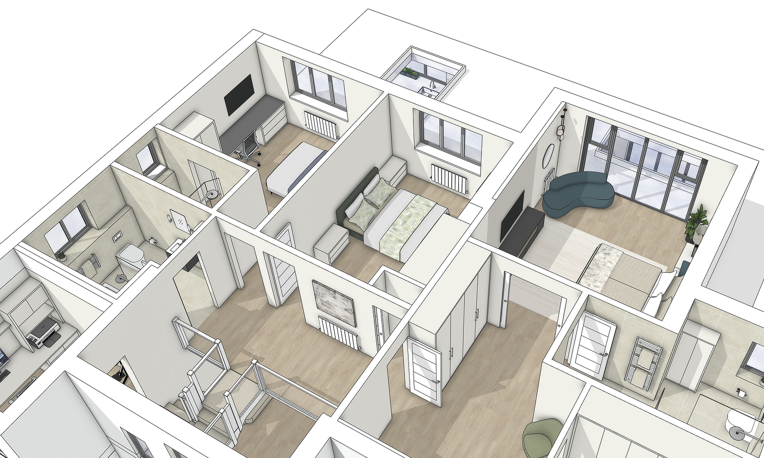 3D render of a contemporary family home showing the downstairs layout of kitchen and living spaces from an aerial view