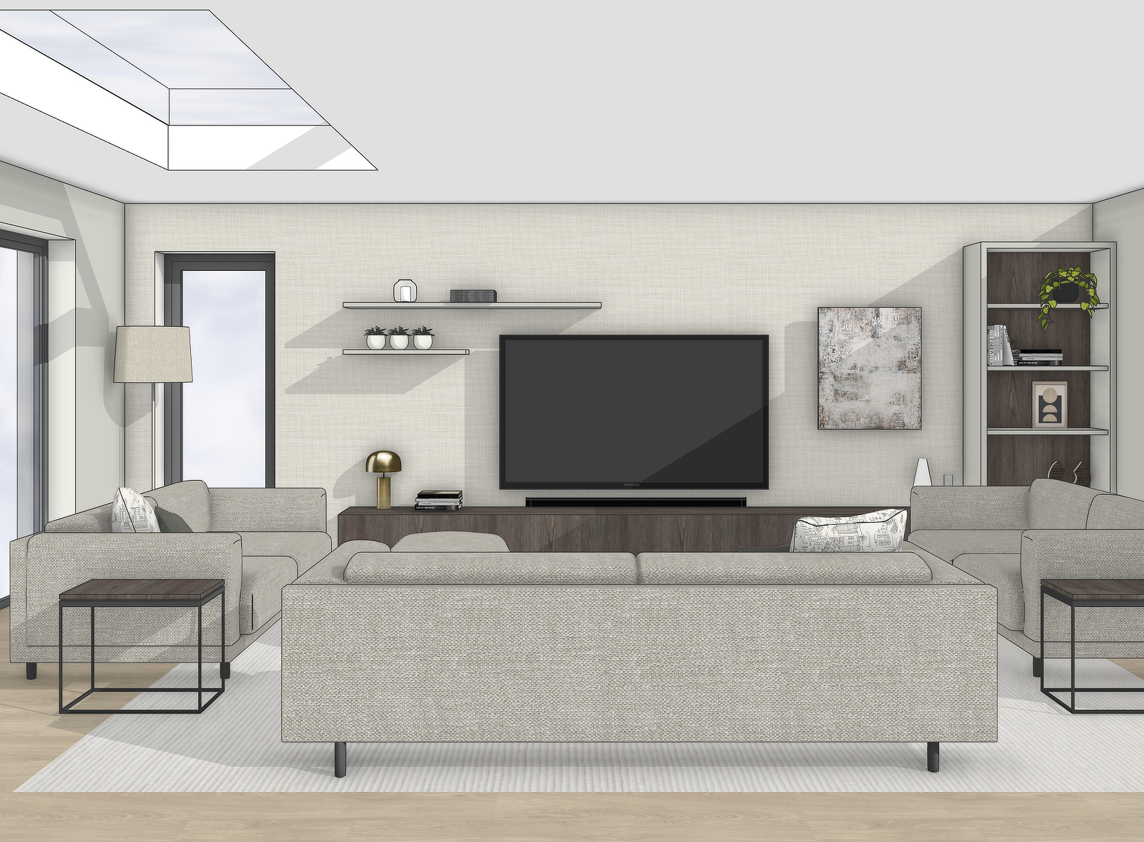 3D render of a contemporary family home showing the layout of the living room with sofas and TV