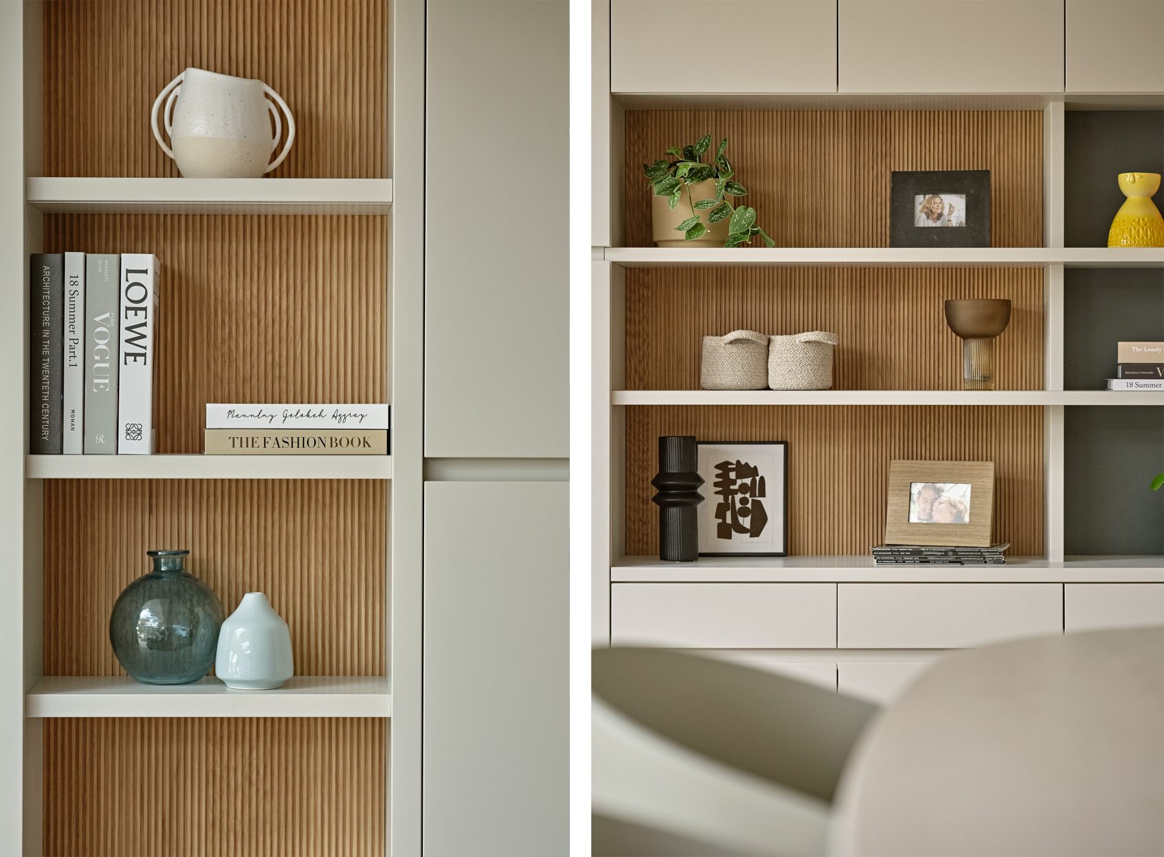 Modern bespoke fitted wall unit in beige colour with oak fluted back panels to open shelving.