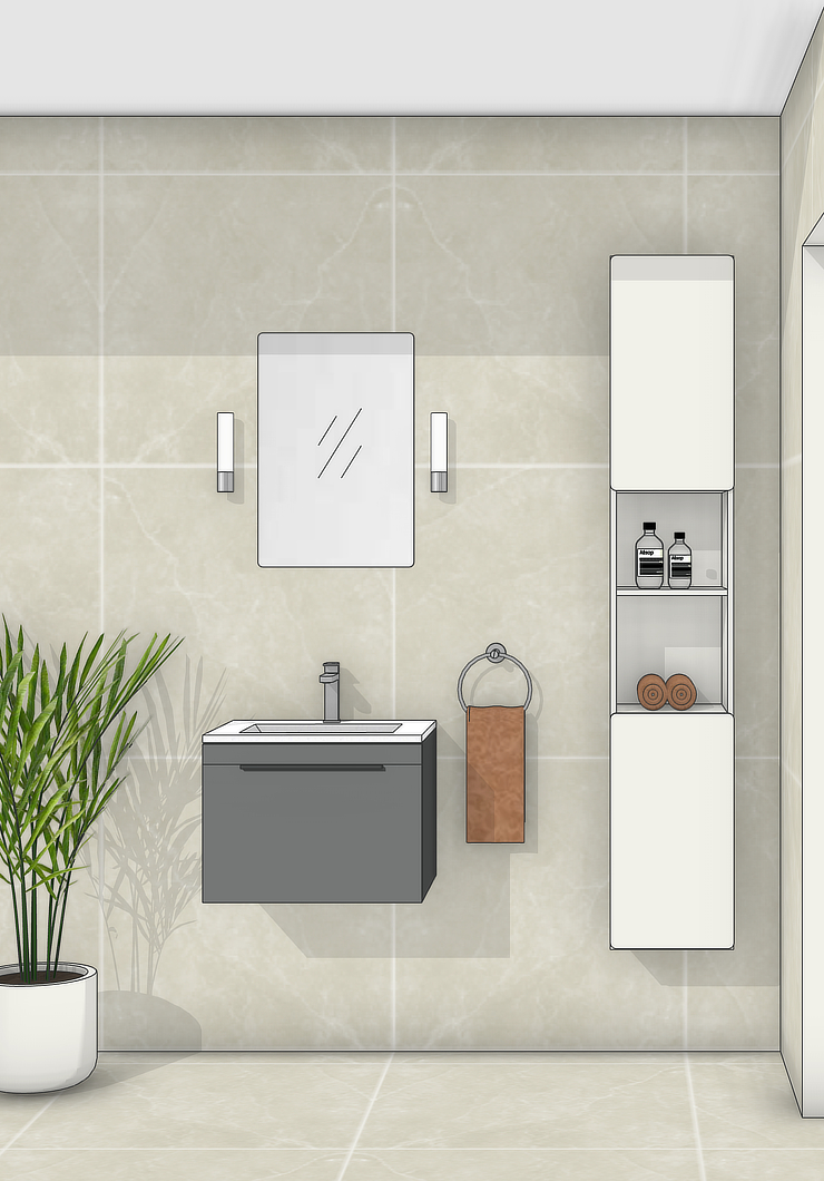 3D render of contemporary family home showing bathroom sink and storage