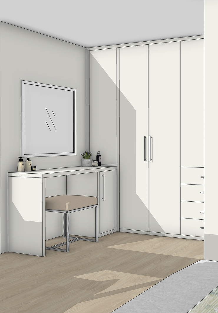 3D render of contemporary family home showing fitted dressing table with fitted wardrobes