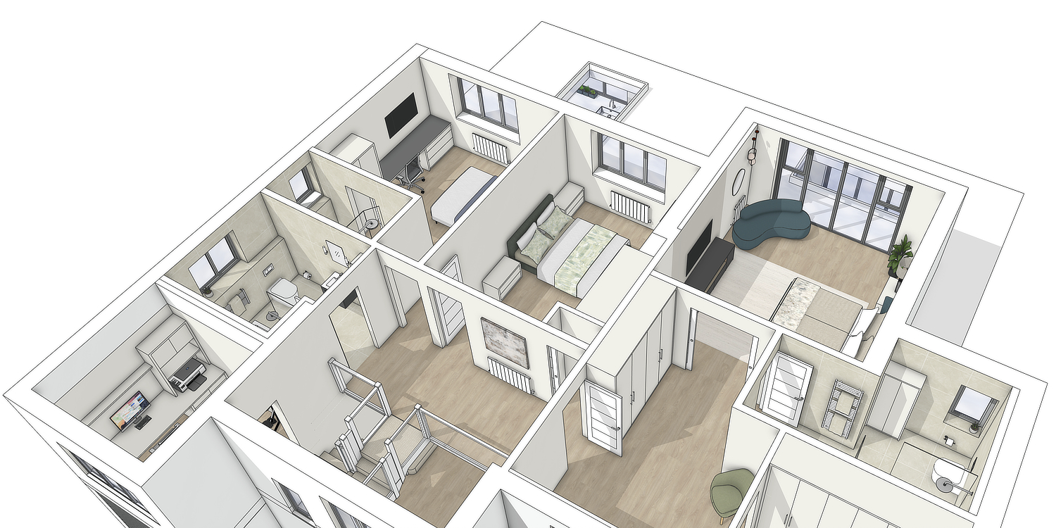 3D render of a contemporary family home showing the upstairs layout of bedrooms and bathrooms from an aerial view