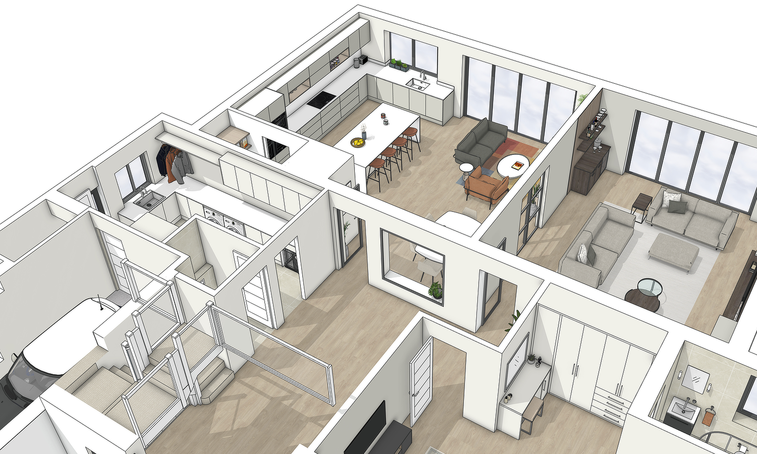 3D render of a contemporary family home showing the upstairs layout of bedrooms and bathrooms from an aerial view