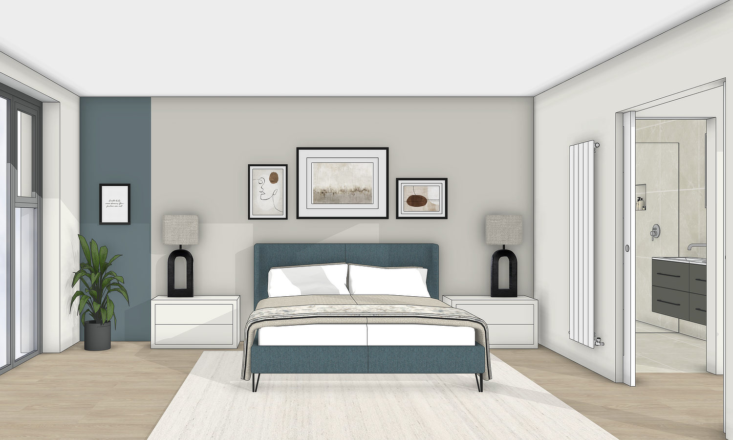 3D render of contemporary family home showing master bedroom with a teal uphoslstered bed and ensuite