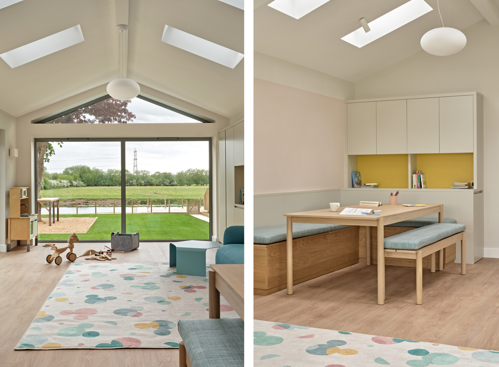 Playroom with large doors and apex window, modern furniture and fitted bench and storage. Colours are neutral with pops of yellow and pastel blue and pink