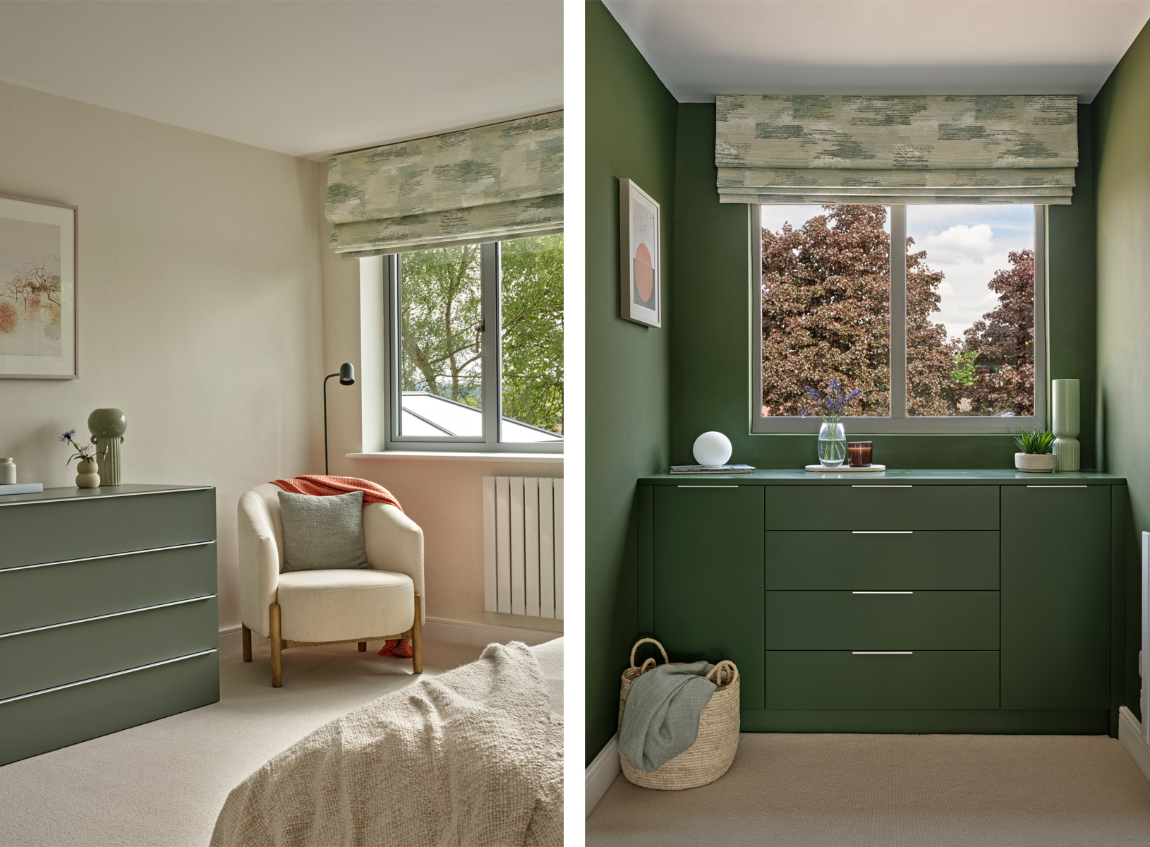 Dusty green and beige master bedroom with contemporary chest of drawers roman blind and armchair, and green fitted contemporary chest of drawers and cupboards in dressing room