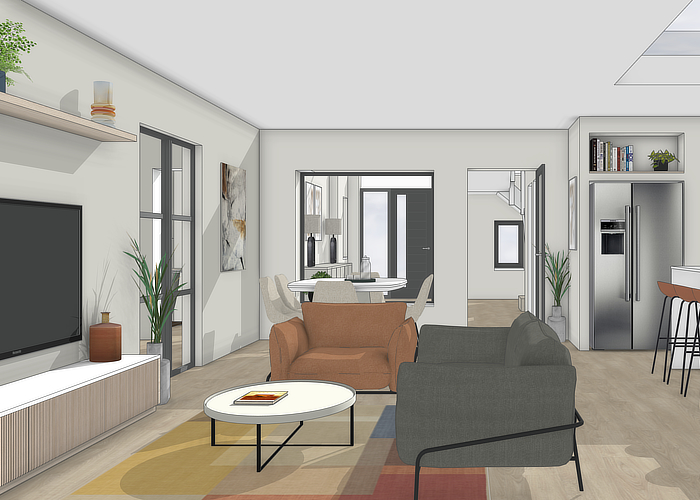 3D render of a contemporary family home showing open plan living area layout