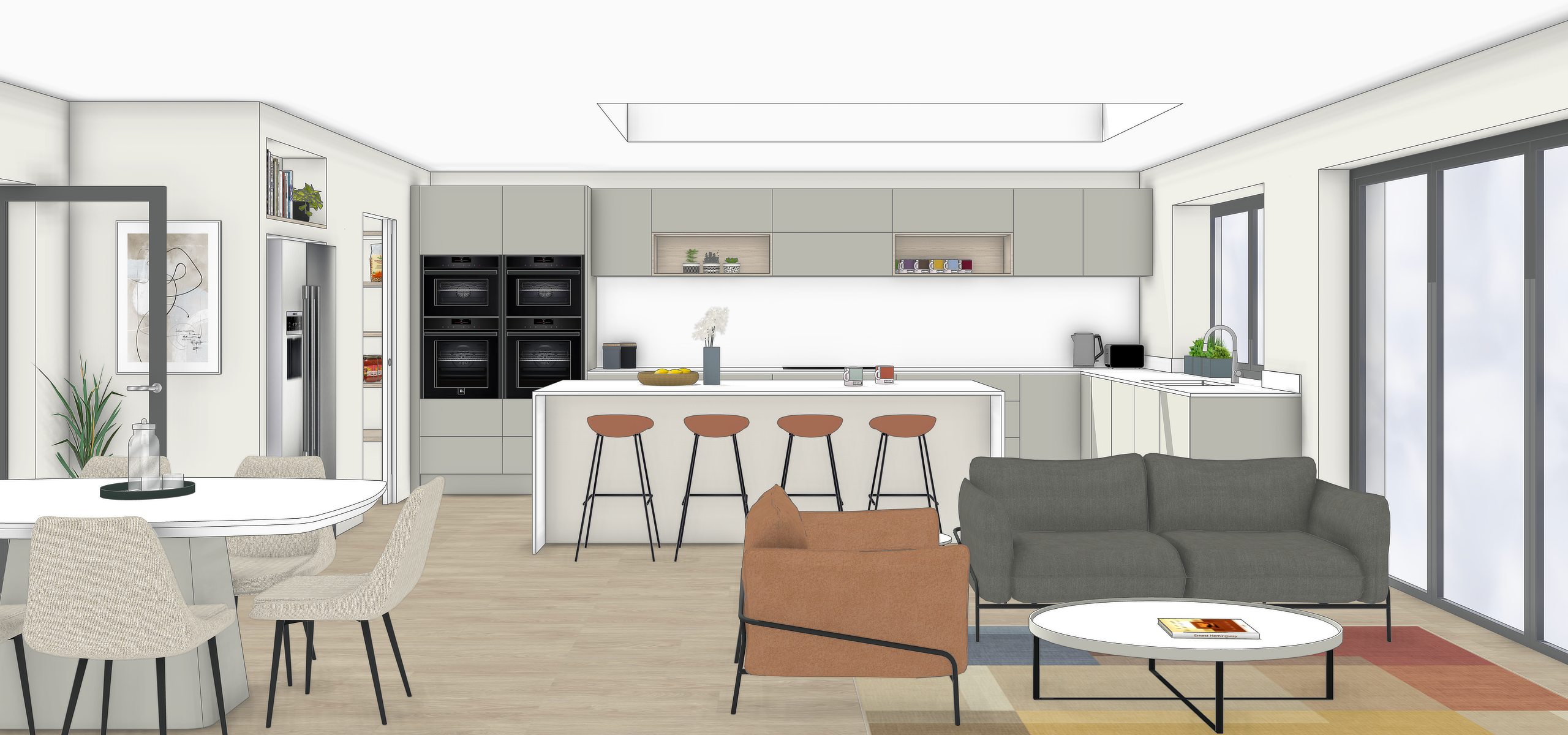 3D render of a contemporary family home showing an open plan kitchen seating and dining area in a wide view